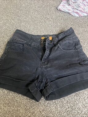 Women's Black High-Rise Denim Shorts with Triple-Button Front